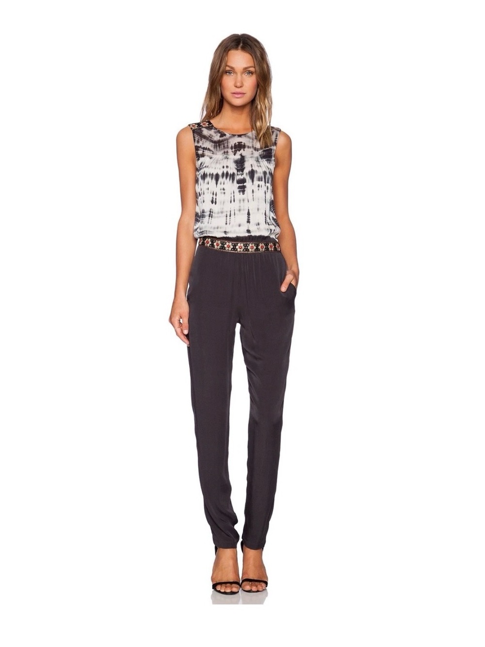 Gypsy 05 Black and White Tie-Dye Tank Jumpsuit with Embroidered Waist